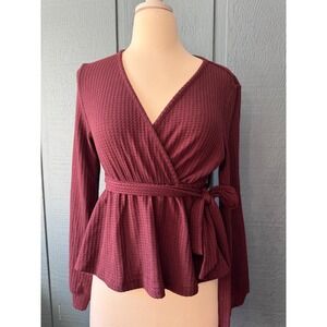 Shein Burgundy Waffle Knit Wrap Peplum Top Long Sleeve Tie Waist V-Neck Medium